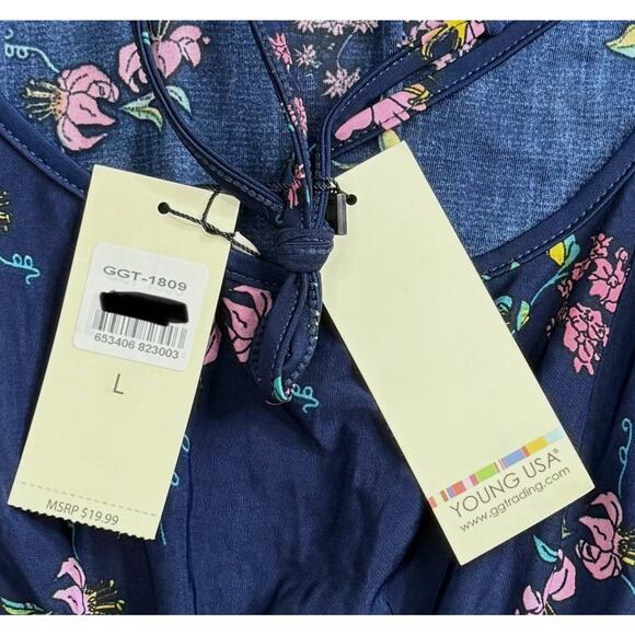 Young USA Navy Blue Floral Midi Dress Size L Elastic Waist Short Sleeve NWT - Picture 4 of 10